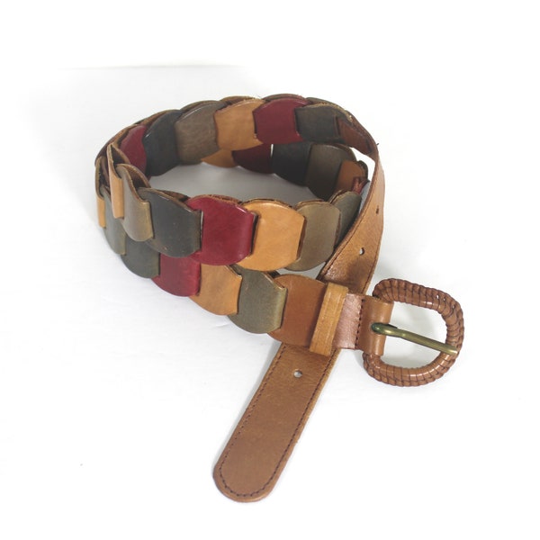 Vintage Seventies Style Multicolour Leather Link Belt Faded Colours Red Tan Green Blue Woven