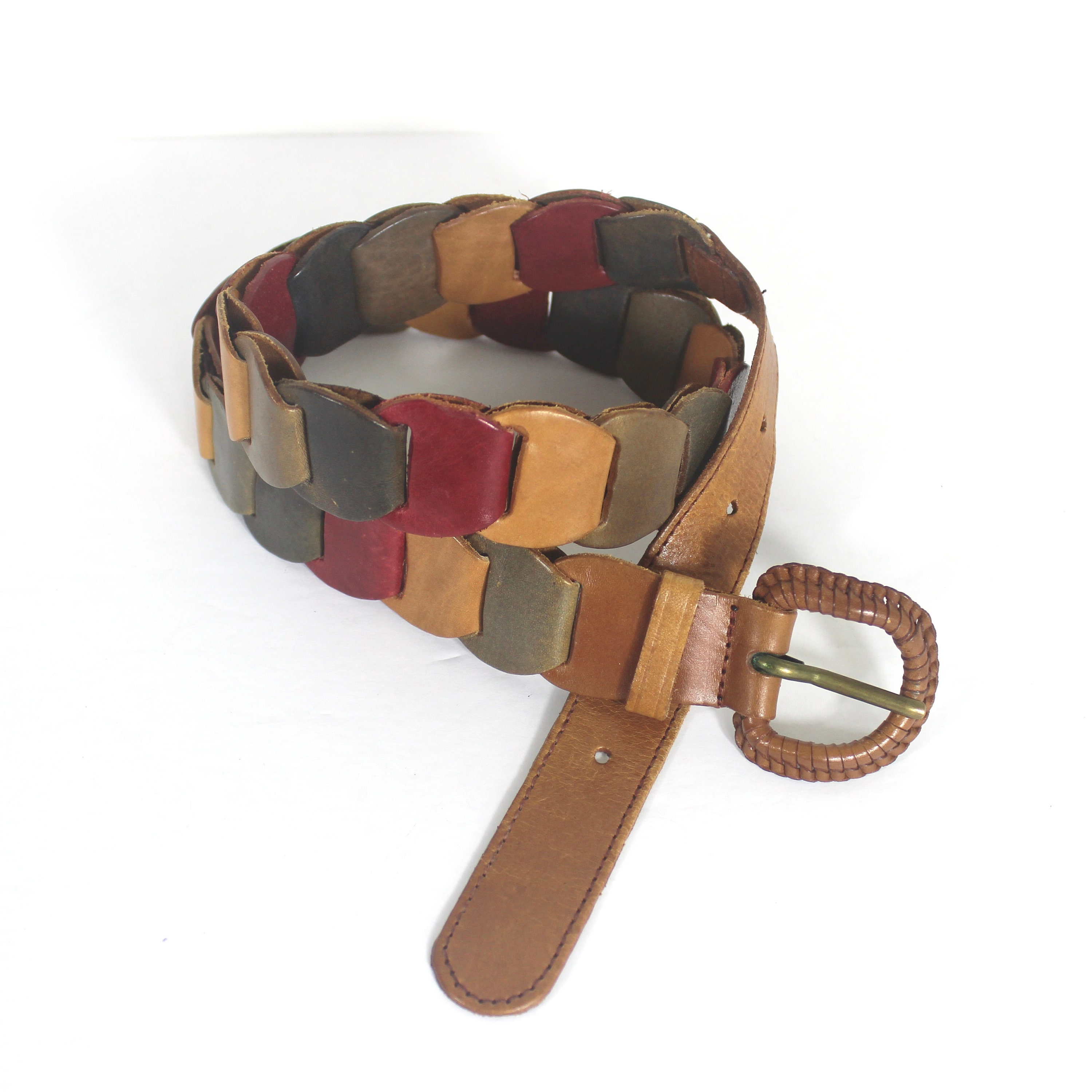 Vintage Seventies Style Multicolour Leather Link Belt Faded