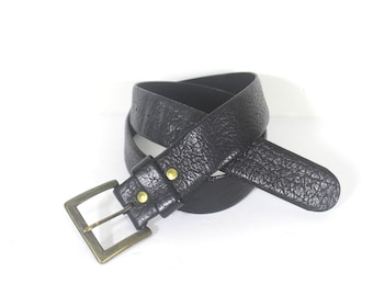 1940’s-50’s 35”-40” Vintage Wide Black Textured Leather Belt, Brass Buckle with Patina