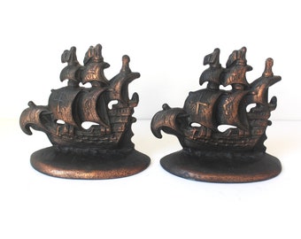 vintage Cast Bronze Sailing Ship Bookends, Nautical Book Ends, Office Decor, Boat Style Gift, Paire de Bookends Lourds Patina, Sailing Sail