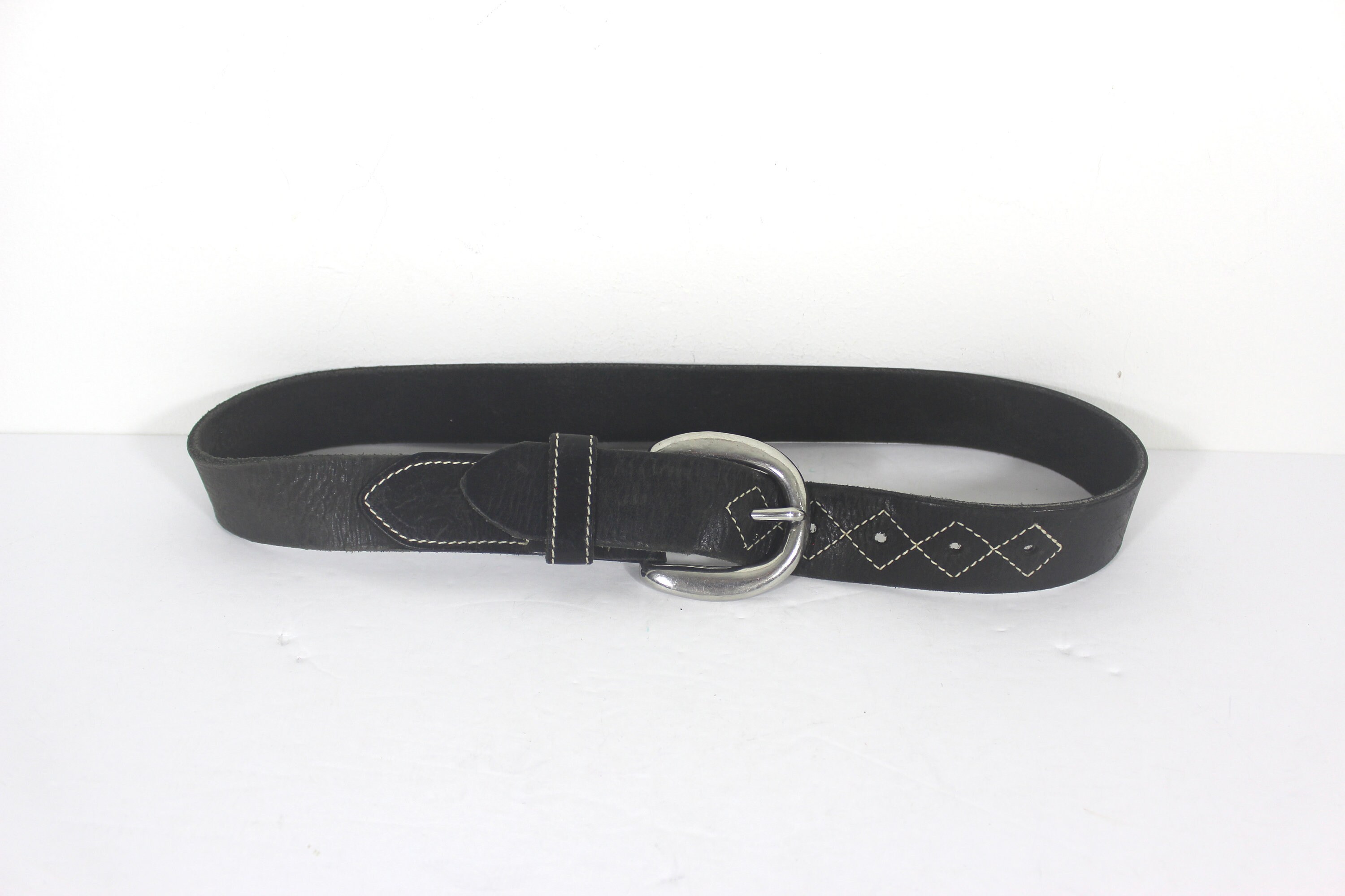 Vintage Thick Leather Monochromatic Topstitched Belt in Black Size 28 / Small 26”-31” Pierced Wide Black Leather Belt With Silver Buckle  main image 2
