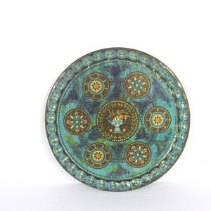 Vintage turquoise blue, decorated metal cocktail drinks tray made by Baret Ware Bar Tray Serving