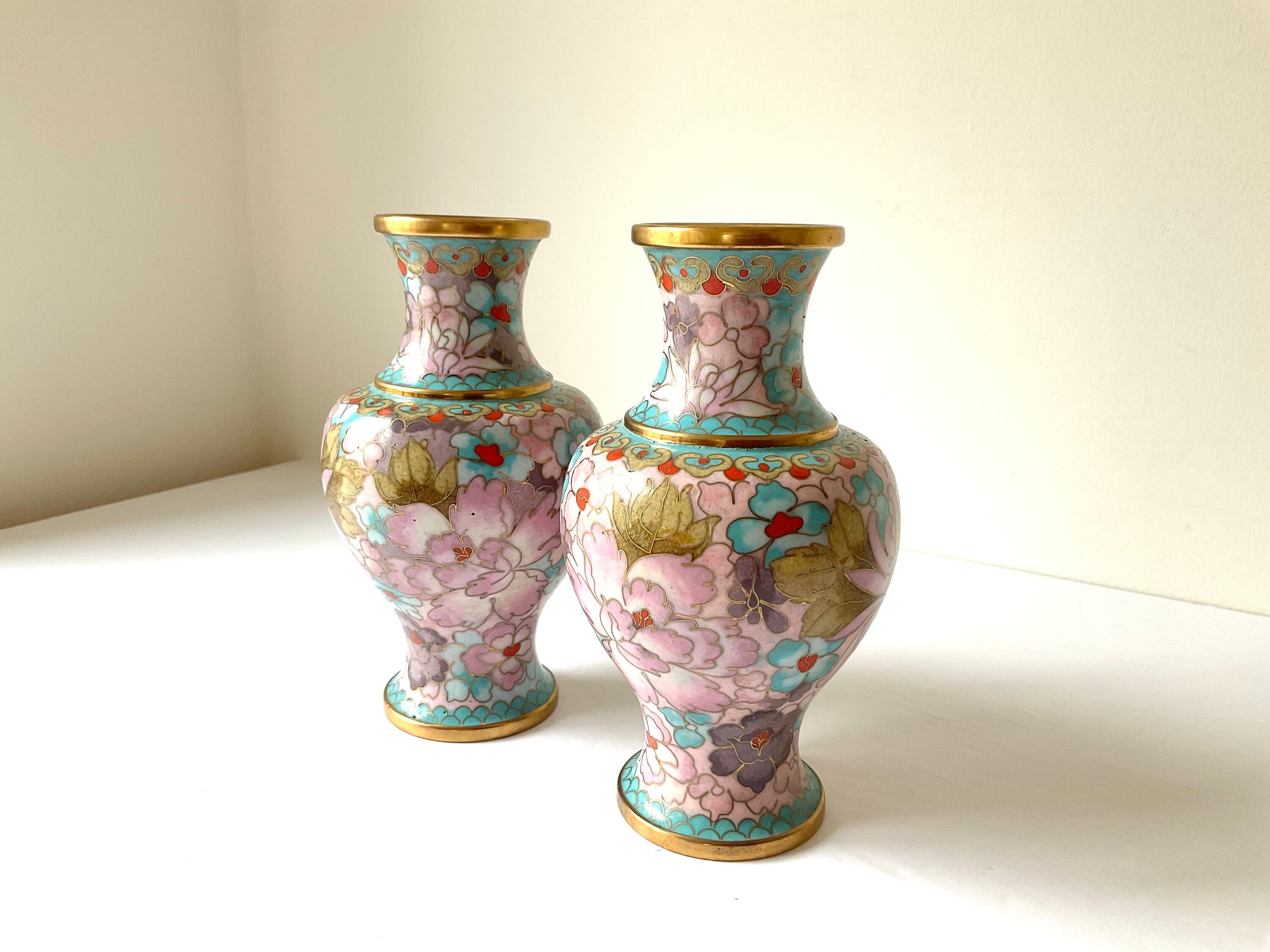 Vintage Pair of Cloisonné Small Vases Turquoise Blue Pink Etsy