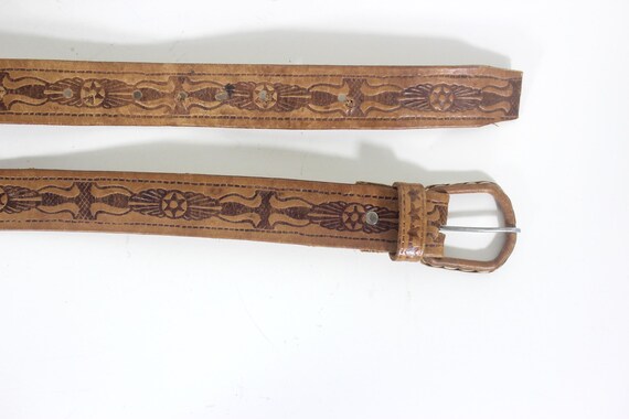 28”-42” Vintage Handmade Tooled Natural Thick Tan Leather Belt with Self Covered Leather Buckle View 6