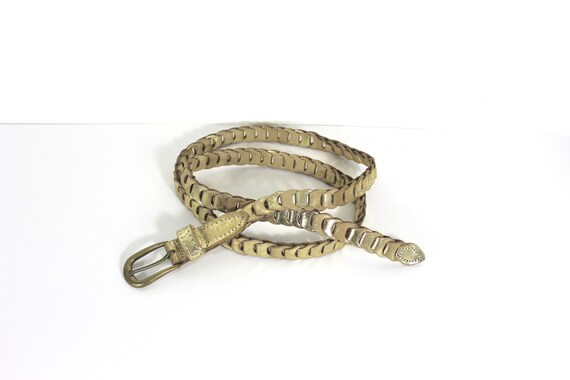 Vintage Metallic Gold Sueded Leather Belt with Br… - image 1