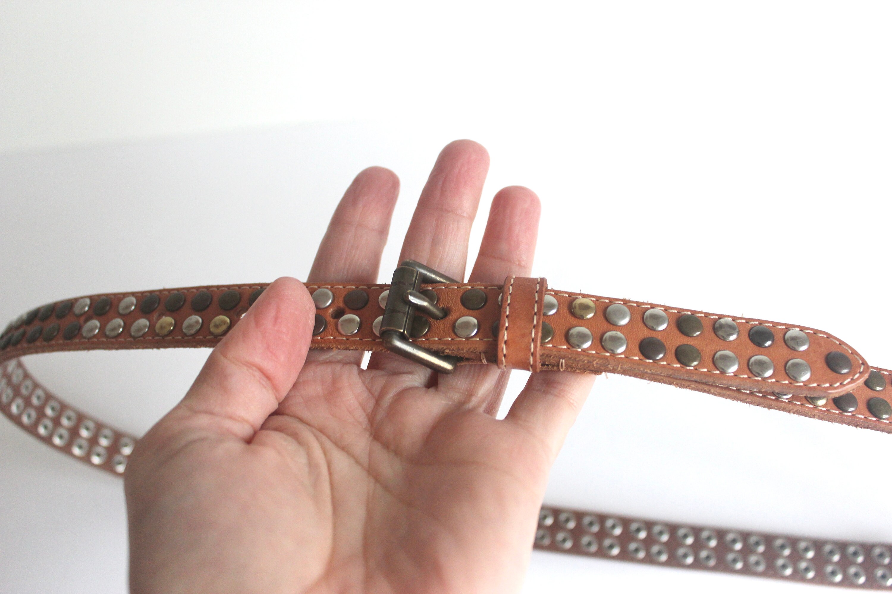 Copper silver brass tone studded leather belt 28-34 Studded Brown Leather Belt Steampunk Rock Goth Meatl Thrash  main image 4