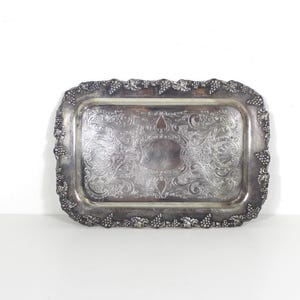 Small Silver Plated Tray, Raised Grape Edge Embossed Detail, Vintage Plate Old English Reproduction Rectangular Serving Dish