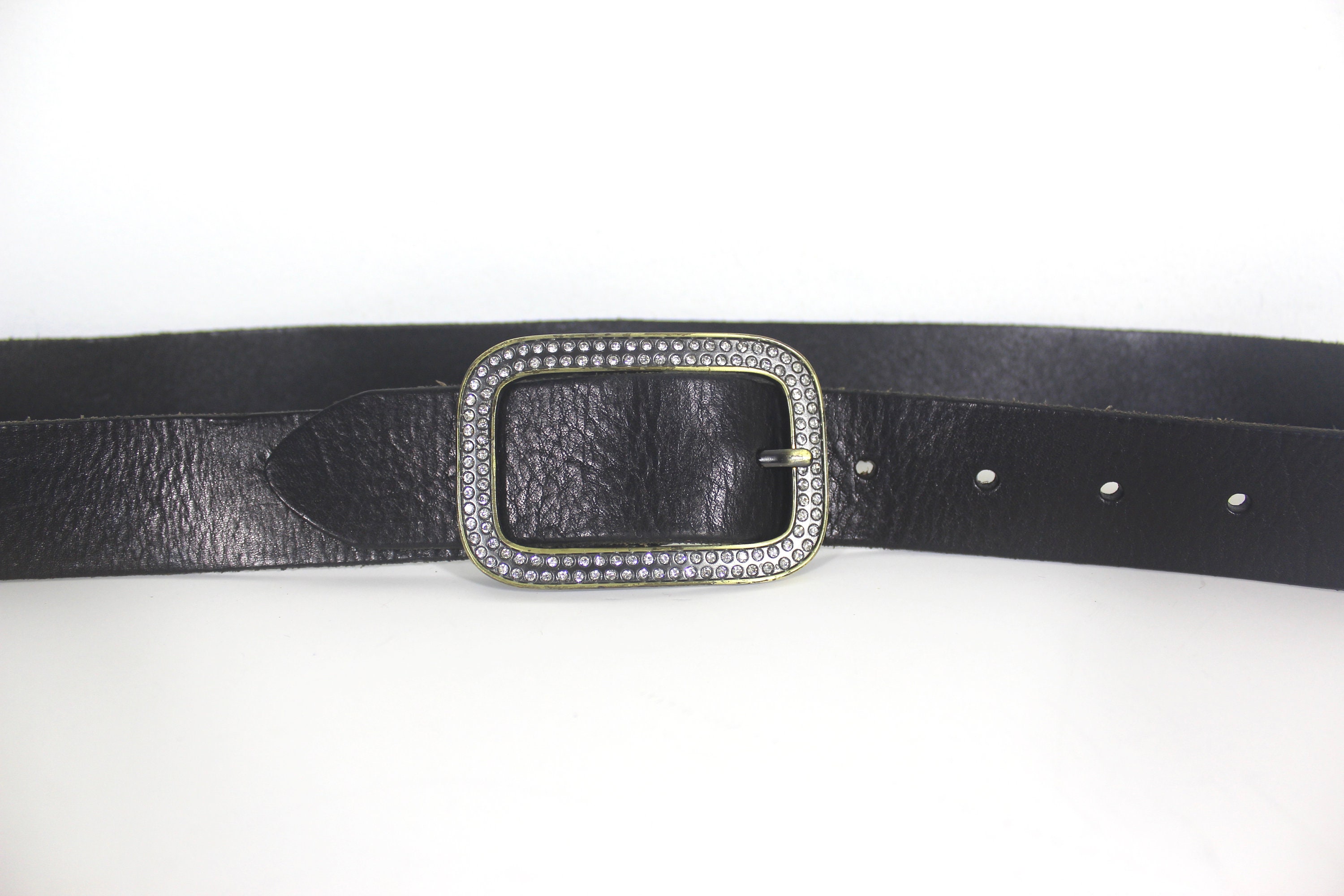 31”-37” Vintage Black Leather Belt With Brass and Rhinestone  display picture 2