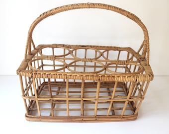 Vintage Wicker Wine Carrying Basket, Rattan Wine Carrier, Six Bottle Wine Basket, Picnic Glass Carrier, French Bamboo Caddy Carrier