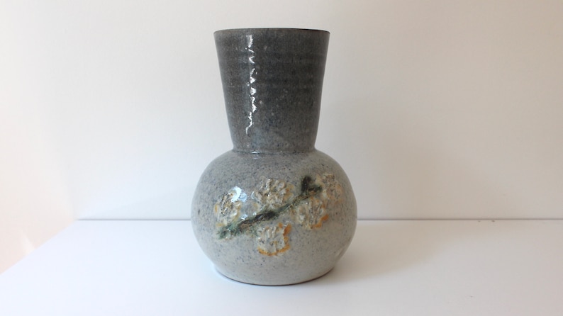 Table Setting Grey Blue with Yellow Raised and Painted Flowers Ceramic Vase Shelf Decor Texture Vintage Handmade Vase Signed Pottery