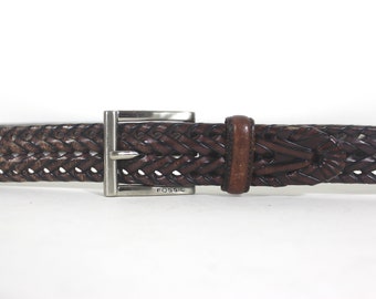 42”-46” FOSSIL Adjustable Braided Woven Brown Leather Belt with Silver Buckle Vintage Distressed