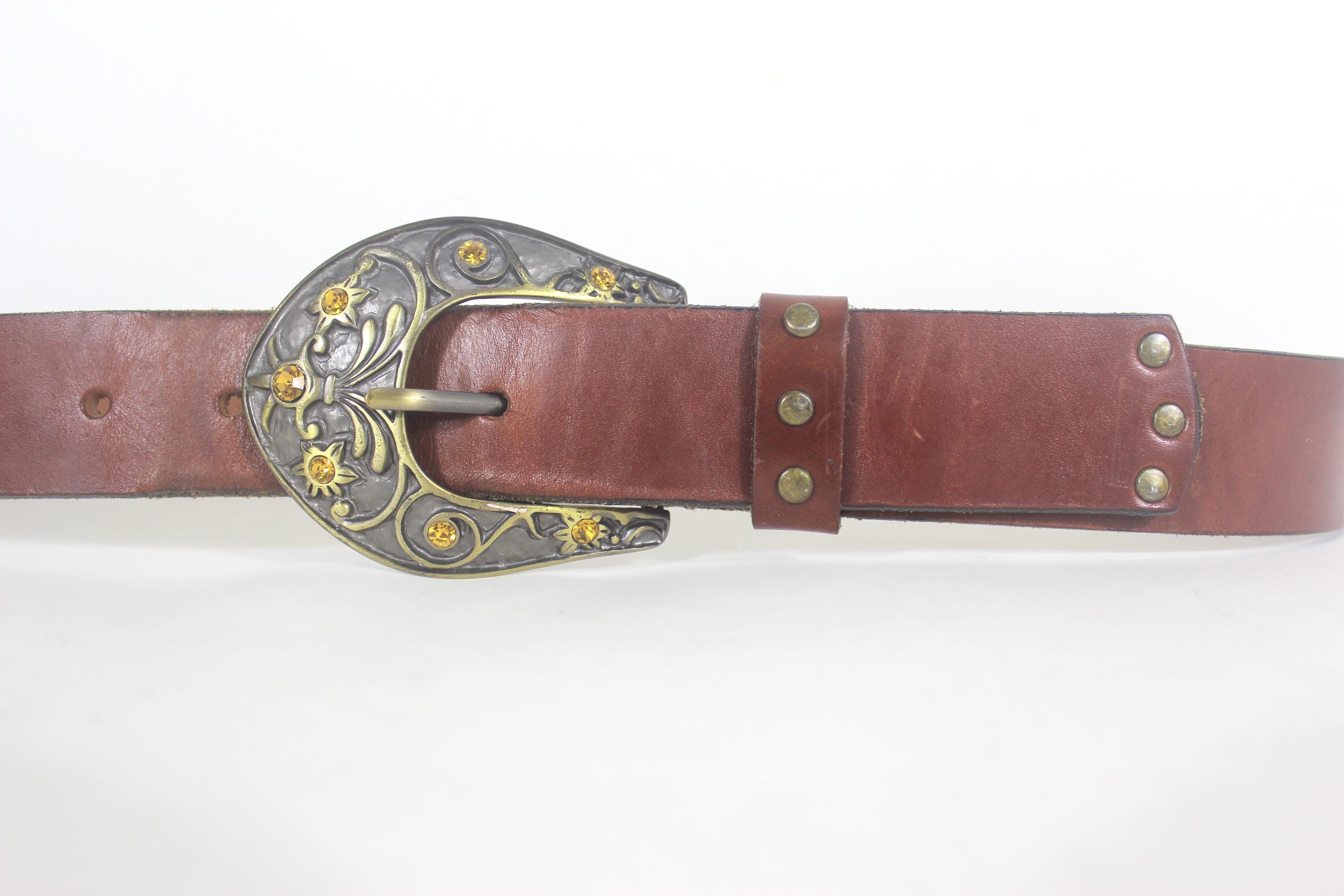 30”-34” Brown Leather Belt With Studs and Yellow Rhinestone  display picture 2