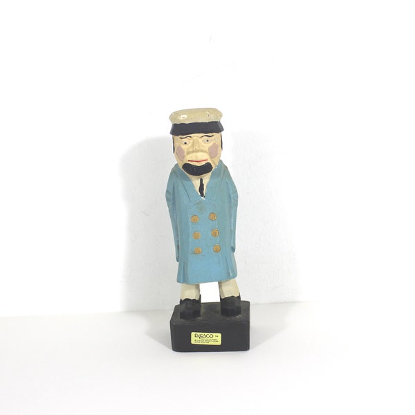 Vintage Hand Carved Wood Sailor Captain Fisherman, Canadian Folk Art Pea Coat, Pipe, Figurine, Hand Carving, East Coast Nautical Shelf Decor