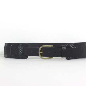 32”-36” Wide Black Lizard Print Embossed Leather Corset Belt with Small Brass Buckle