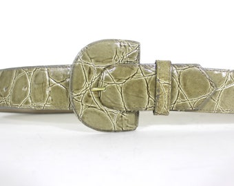 1980’s 26”-30” Grey Green Croc Embossed Patent Leather Wide Belt with Self Buckle Vintage Ladies Women’s Belt Glossy Shiny Leather