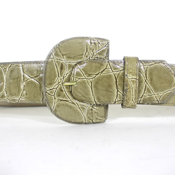 1980’s 26”-30” Grey Green Croc Embossed Patent Leather Wide Belt with Self Buckle Vintage Ladies Women’s Belt Glossy Shiny Leather