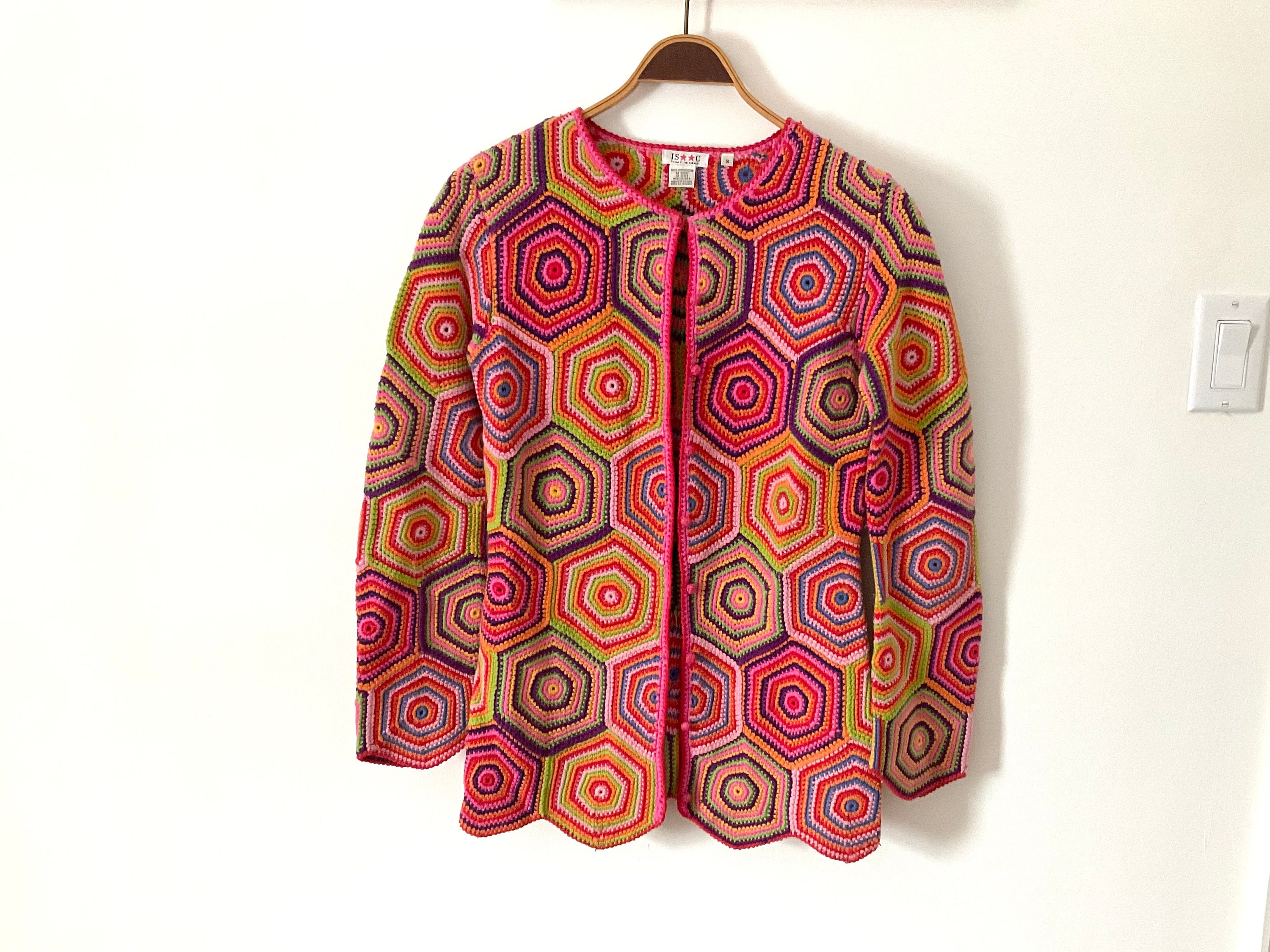 Vintage Isaac Mizrahi Granny Squares Crochet Sweater Cardigan 100% Cotton Size Small to Medium Bright Colourful Afghan Jacket