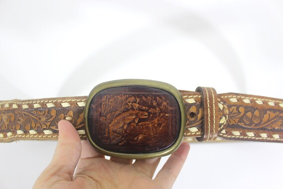 34”-41” Leather Fish Belt Tooled Leather, Tan Wes… - image 2