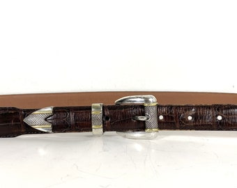 38”-42” Vintage Italian Brown Croc Embossed Western Leather Belt with a Silver Gold Buckle and Silver Tip Belt Unisex Brown Mens