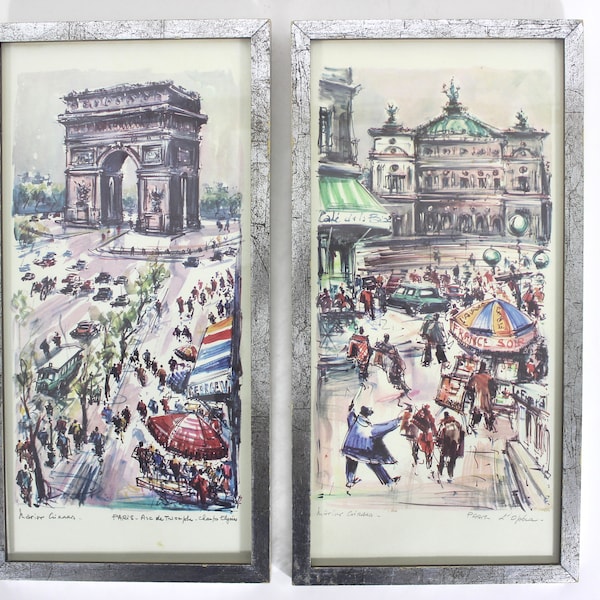 1960’s Pair of Paris Street Scene Watercolour Prints by Marius Girard Framed Arc De Triomphe Champs Elysee L’Opera