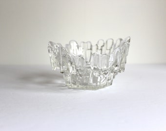 Revontulet Ice Glass Candle Holder Bowl by Tauno Wirkkala for Humppila Finland, Scandinavian Modern Brutalist Style Mid Century Modern MCM