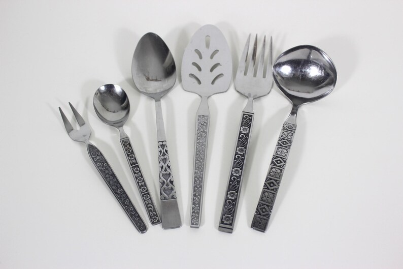 Curated Vintage Set of Six Mismatched Serving Pieces, Mid Century Modern Stainless Steel, Hostess Server, Serving Fork MCM Spoon Ladle