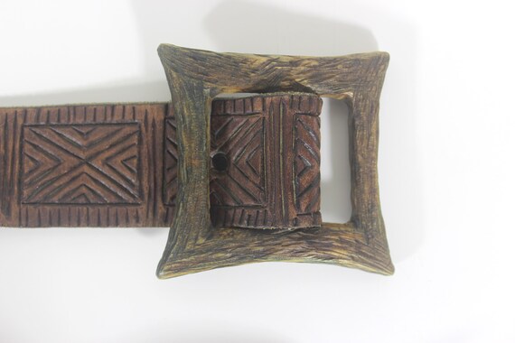 Handcrafted Wood Statement Belt - Brown Craft Brown Leather Belt, Handmade American Harness Thick  main image 2