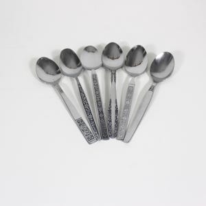 Curated Set of 6 Mid Century Modern Stainless Steel Tea or Dessert Spoons, Mismatched Vintage Table Setting, Six Spoon, MCM Black Background