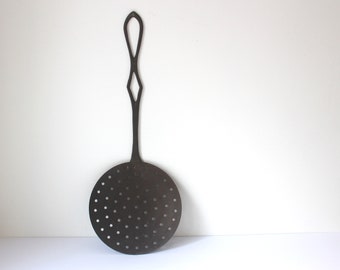 Large Brass Spoon Strainer Spoon with Holes Vintage Decorative, Heavy Patina, Country Kitchen Decor, Modern French Farmhouse