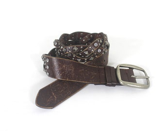 Vintage Buffalo David Bitton Distressed Studded Braided Brown Leather Belt with Rhinestones 27” - 31” Small S