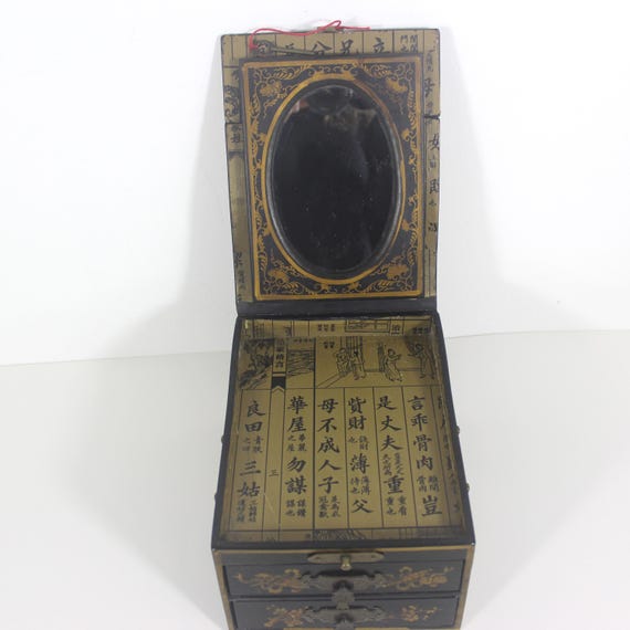 Vintage Lacquered Jewellery Box with Drawers and a Folding Mirror Black with Gold Birds and Floral Detail and Brass View 6