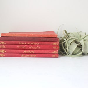 Set of 1913-1933 Red Shakespeare Books for Shelf Styling, Decorative Lot of Six 6 Old Linen Patina, Shades of Red, Staging Styling, Notes