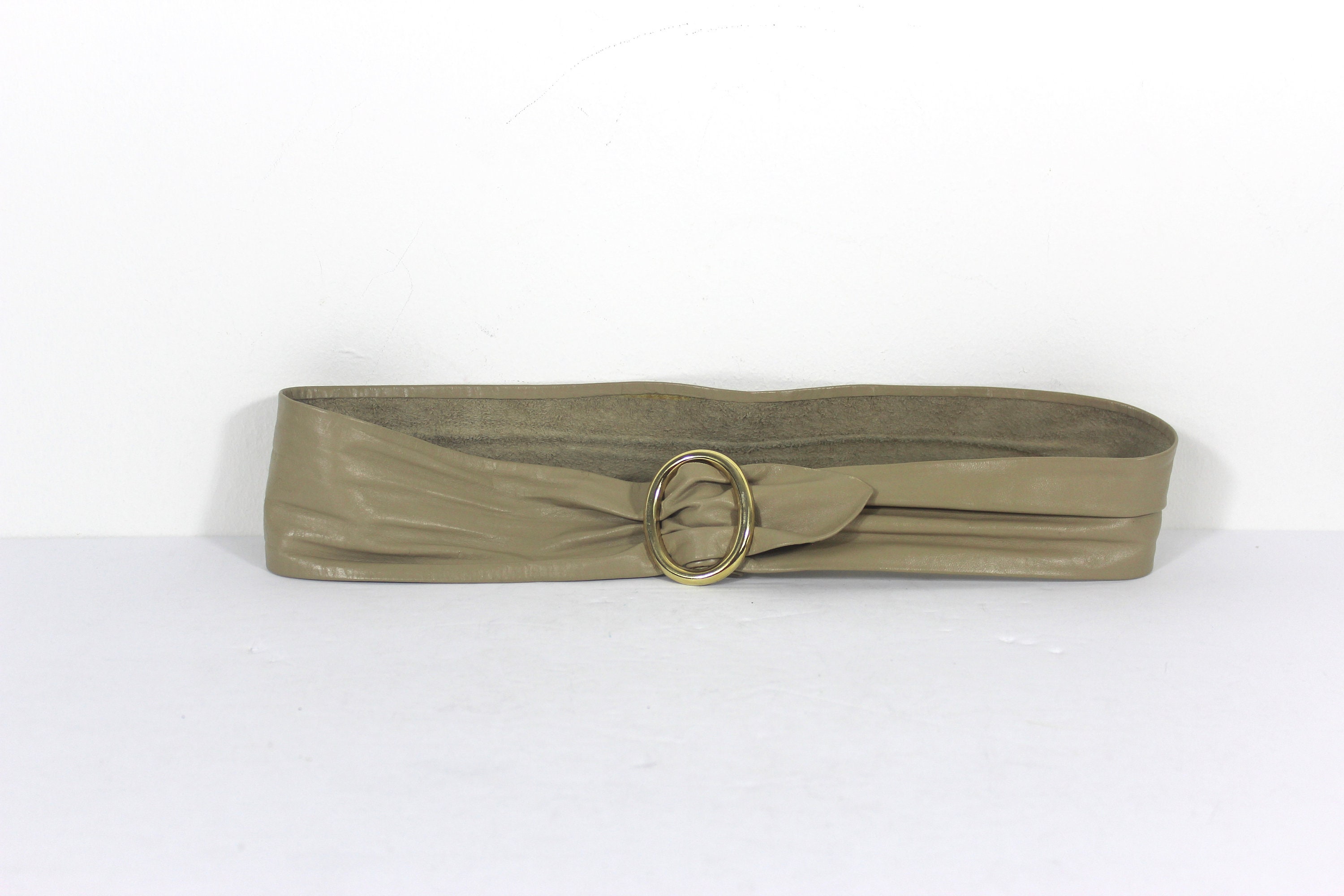 Vintage Beige Leather Wrap Belt Adjustable, Wide Thin 