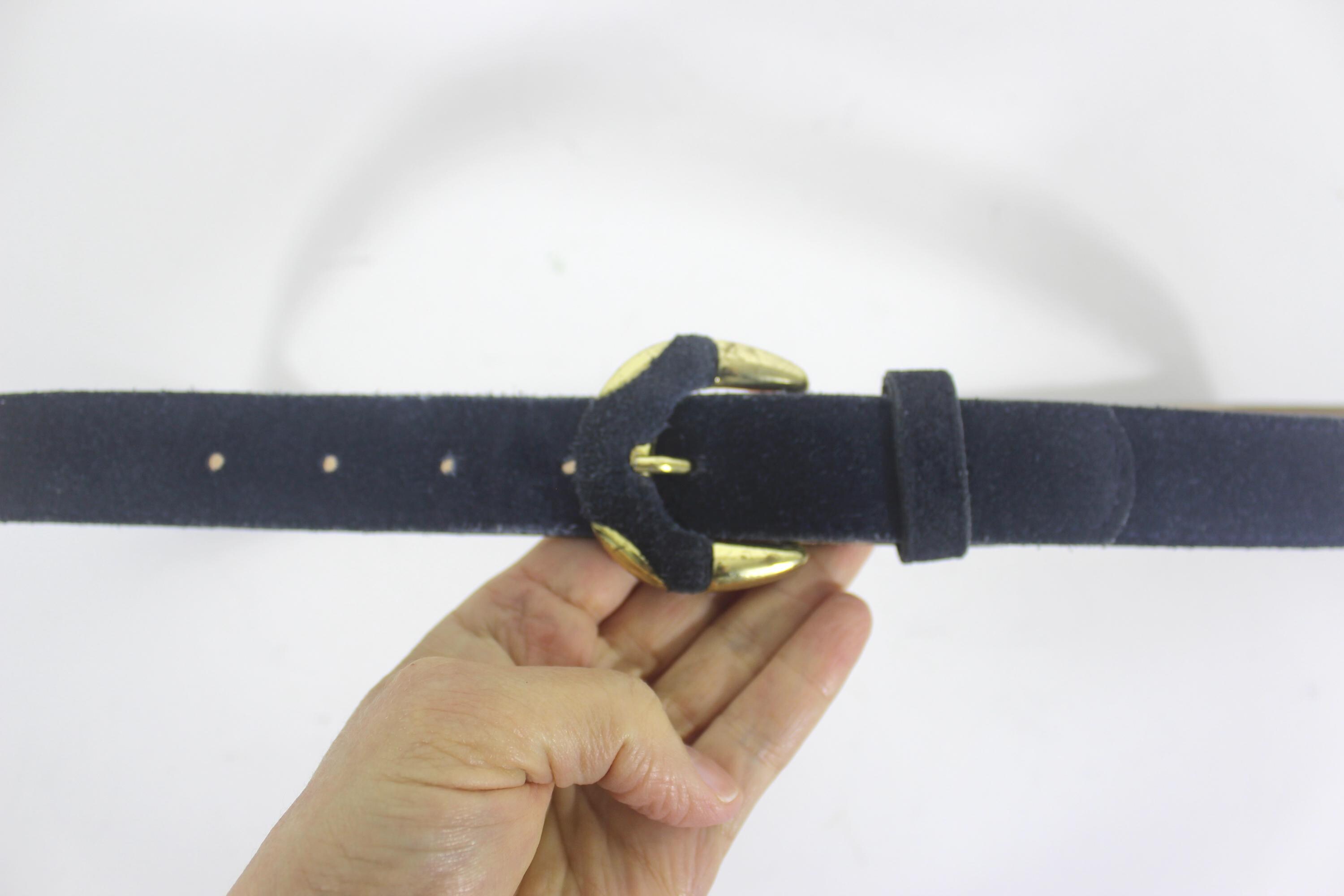 Vtg 80s Leather Belt Blue Suede Gemstone Hammered‎ Gold Buckle ML 80 main image 3