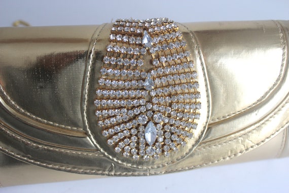 Vintage Gold Lamé and Rhinestone Clutch with Chai… - image 8