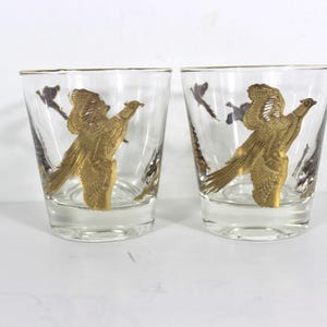 Mid Century Modern Gold Pheasant Set of Two Glasses, Lowball Whiskey Rocks Bird Lover Cocktail Glass Hunter Hunting