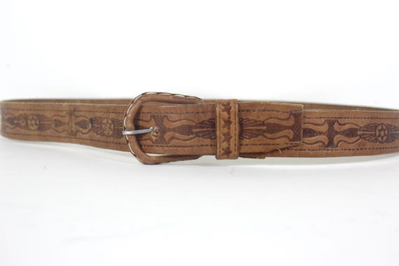 28”-42” Vintage Handmade Tooled Natural Thick Tan Leather Belt with Self Covered Leather Buckle