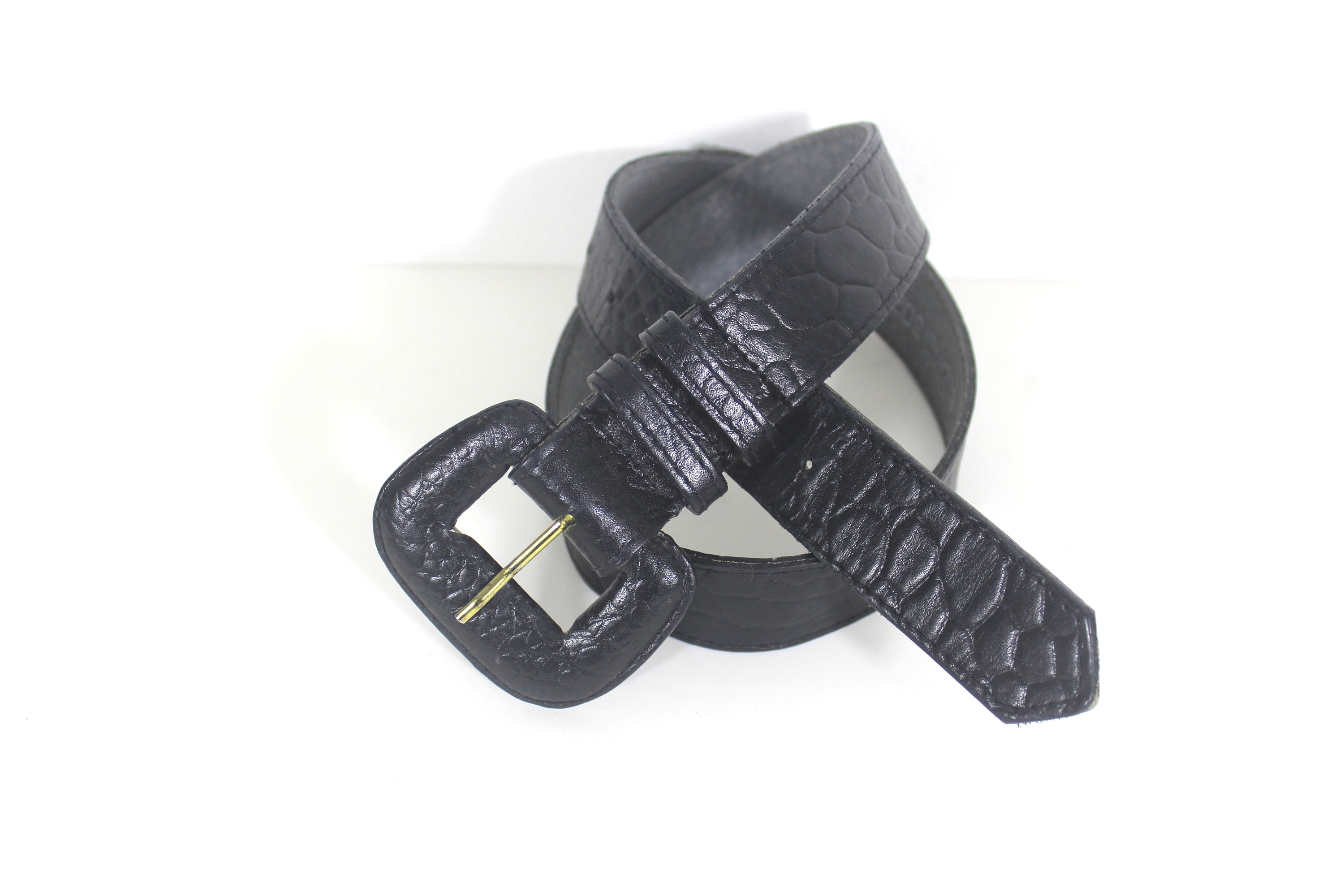 90\'s Vintage Embossed Iguana Grain Steerhide Leather & Solid Brass Belt Black S Western Embossed Leather Belt with Antique Brass or Antique  main image 3
