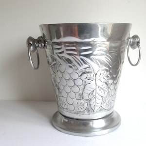 Vintage Aluminum Champagne Bucket with Grape Detail, Ice Pail, Wine Cooler, Indoor Planter, Pail, Kitchen Crock, Spoon Holder Silver Metal