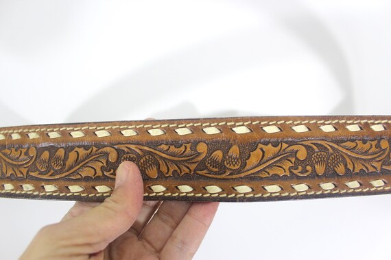 34”-41” Leather Fish Belt Tooled Leather, Tan Wes… - image 6