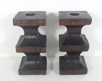 Vintage Pair of Brutalist Wood Candle Holders, Wood, Gothic, Spanish Revival, Sixties Style Set of Two