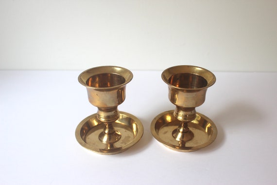 Short Brass Candle Holders, Pair of Small Candleholders, Patina