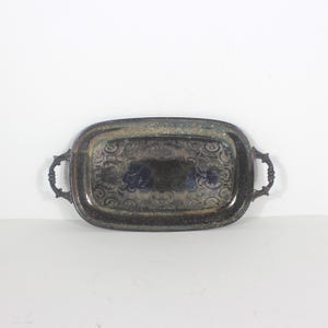 Plateau rectangulaire avec anses plaqué argent, assiette vintage, porte-objets, patine épaisse, anses, bijoux, porte-cartes de visite, présentoir