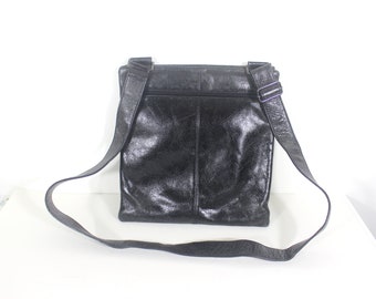 Vintage DANIER Distressed Shiny Black Leather Flat Messenger Bag