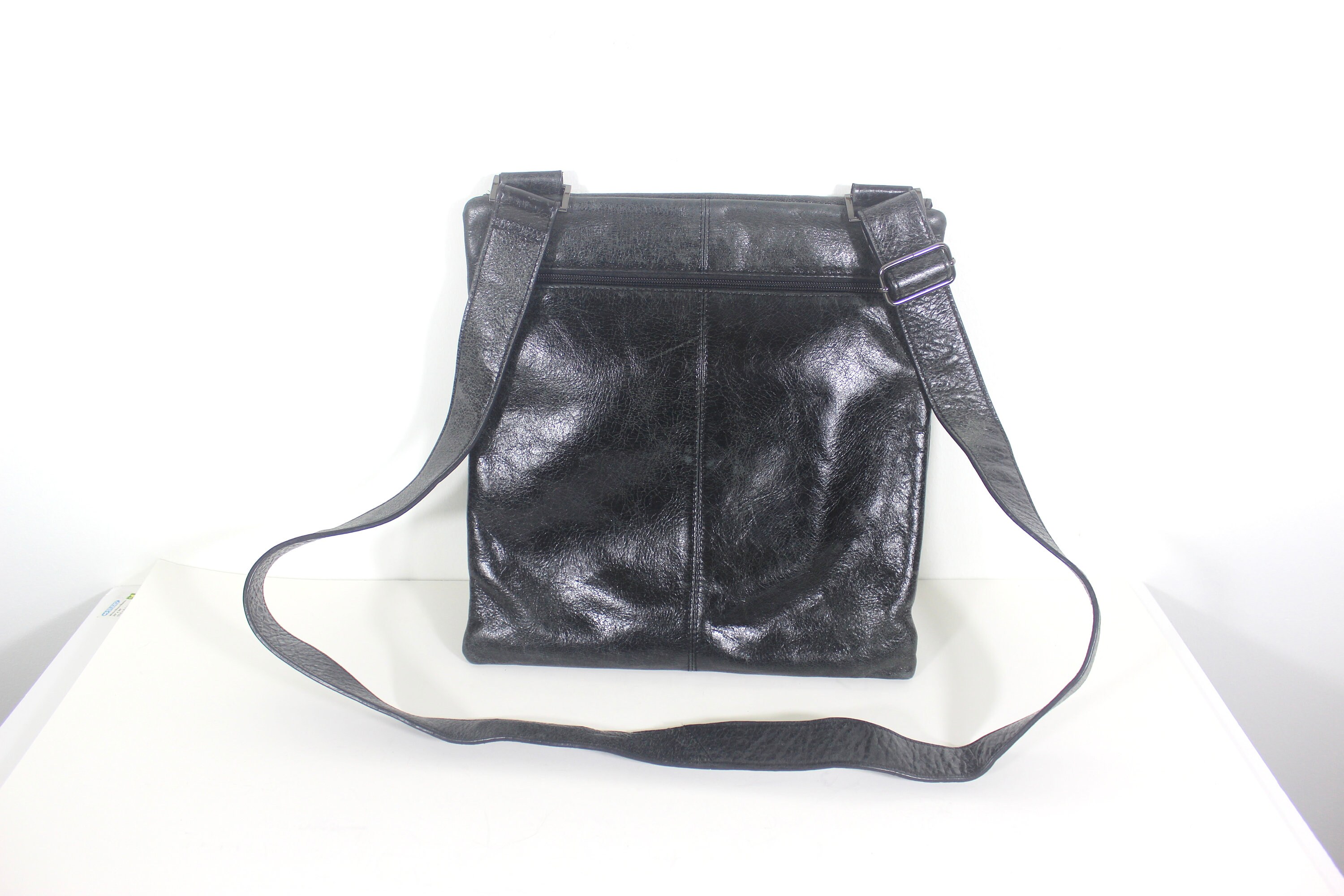 Vintage DANIER Distressed Shiny Black Leather Flat Messenger Bag