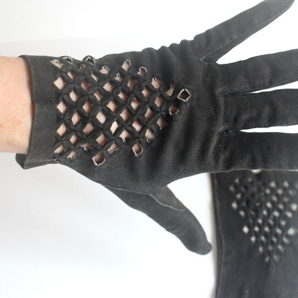 Vintage French Kid Leather Suede Gloves Charcoal Gray Black, Size 7 3/4 Made in France 1960’s Sixties, Cut Out Detail Soft Leather