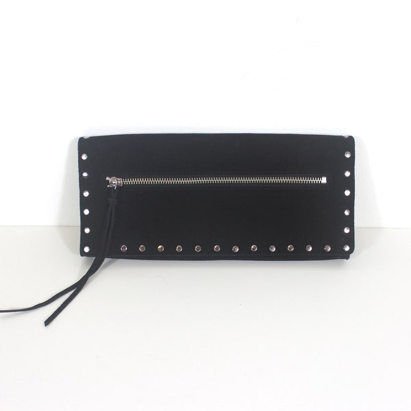 Vintage Studded Black Suede Leather Clutch Purse with Silver Studs, Small Evening Bag, Rocker, Punk, Moto Motorcycle Rock