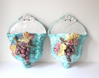 Pair of Italian Ceramic Wall Pockets, Majolica Pottery, Grapes, Aqua Turquoise Blue Wall Hanging Art, Vintage Wall Vase Planter