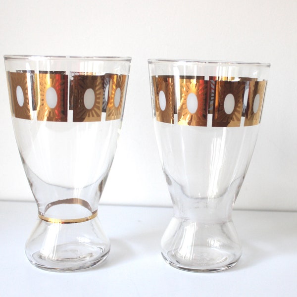 Fred Press Sun Block Pilsner Glasses, Vintage Pair Gold Beer, Atomic Mid Century Modern, Set of Two Rare MCM Glasses 22k Gold Pattern