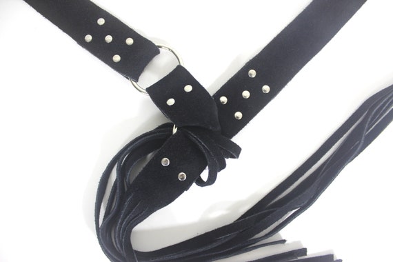 Vintage Black Suede Leather Tie Belt with Silver … - image 3